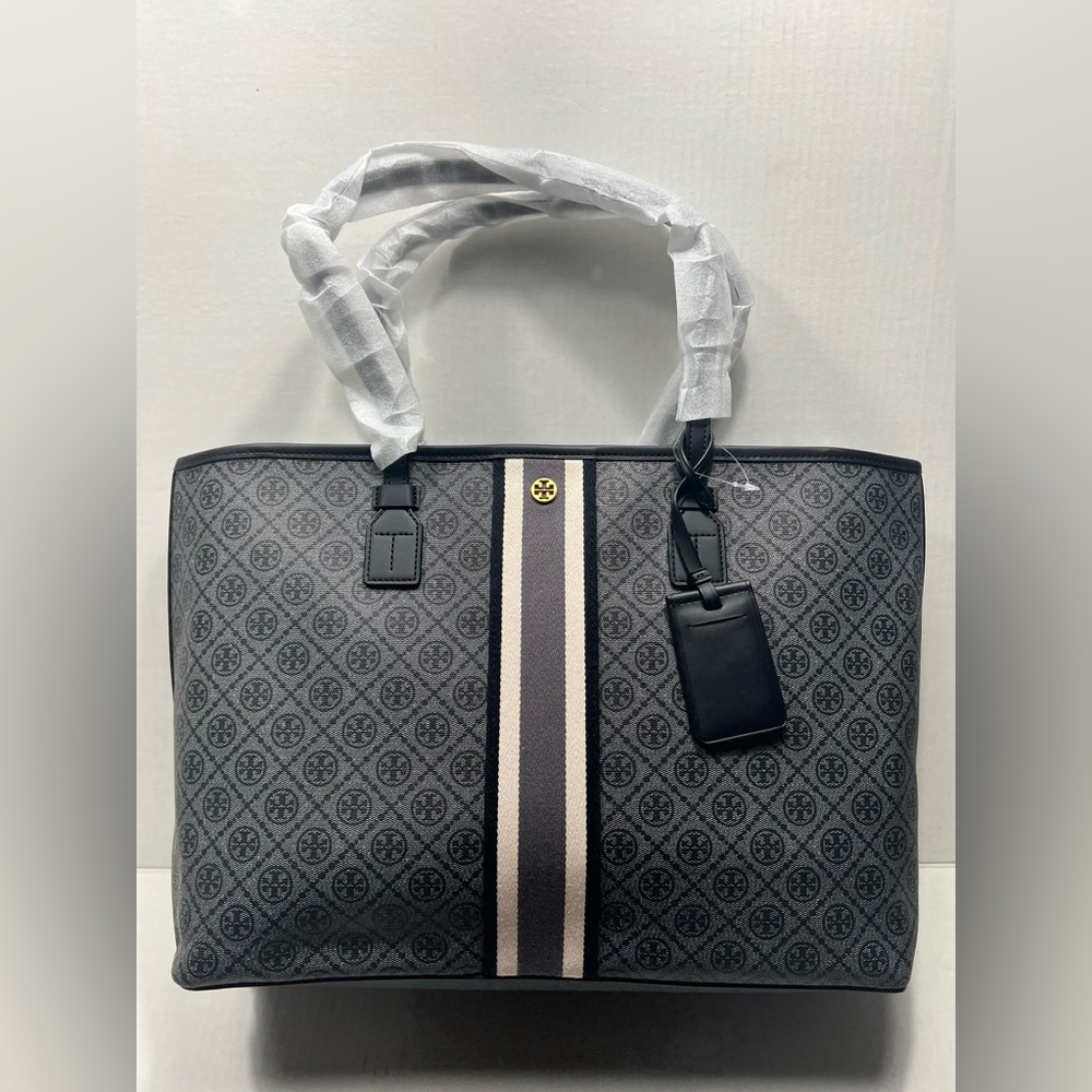 Tory Burch T Monogram Coated Canvas Tote Bag In Black MSRP $328
